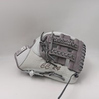a white and gray baseball glove on a white background
