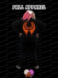 a woman with pink dreadlocks wearing a hoodie with the words fall apparel