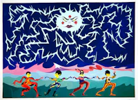 a painting of a group of people dancing in front of a lightning storm
