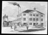 an old engraving of a building with smoke coming out of it