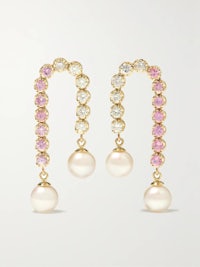 a pair of earrings with pink and white pearls and diamonds