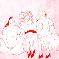 a drawing of three women sitting on a bench