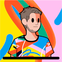 a cartoon of a man in a colorful t - shirt