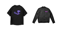 two black t - shirts with a purple image on them