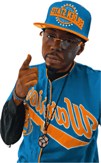 a man wearing a blue and orange baseball cap and hat