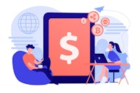 a man and woman sitting at a desk with a dollar sign on their phone