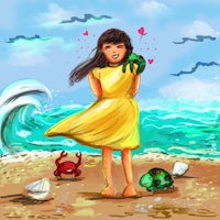 a girl in a yellow dress with turtles on the beach