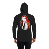 a black hoodie with an image of a woman with red hair