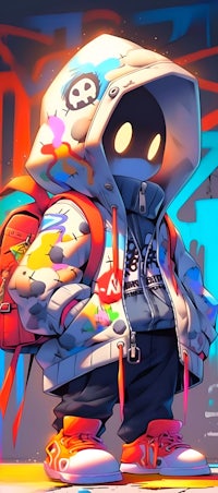 a cartoon character wearing a hoodie and a backpack