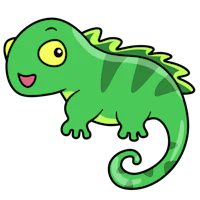 a cartoon green lizard with yellow eyes