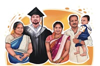 a cartoon of an indian family with a graduation cap