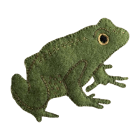 a green felt frog on a black background