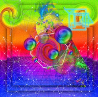 a colorful image of a sphere with a rainbow background