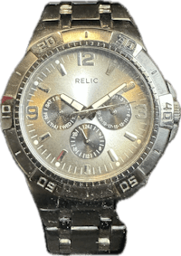 a silver watch with the word relic on it