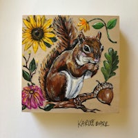 a painting of a squirrel with sunflowers and leaves