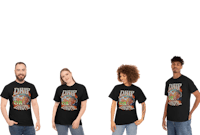 a group of people standing in front of a black t - shirt