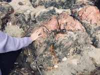 a woman reaches out to touch a rock in the sand