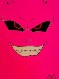 a painting of a pink monster with red eyes