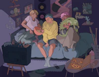 a group of people sitting on a bed