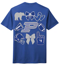 a blue t - shirt with a football, a bear, and a bow