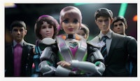 a group of barbie dolls standing in front of a group of people