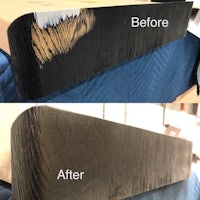 before and after pictures of a bed with a black stain