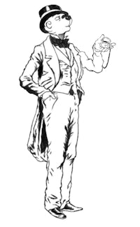 a black and white drawing of a man in a top hat