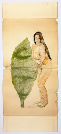 a drawing of a nude woman holding a leaf