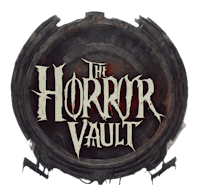 the horror vault logo on a black background