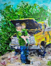 a painting of a man and his son in front of a yellow truck