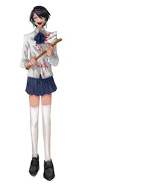 a girl in a school uniform holding a knife