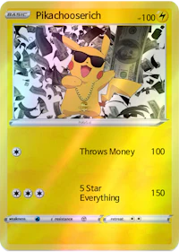 pikachu throws money on a pokemon card