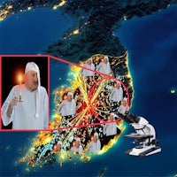 a picture of a man with a microscope and a map of korea