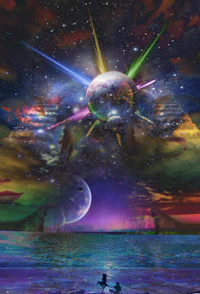 a colorful painting of a spaceship in the ocean