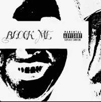 a black and white photo of a face with the words block me