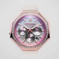 a pink and white watch with diamonds