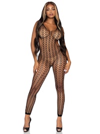a woman in a black fishnet bodysuit