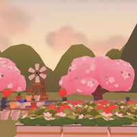 a cartoon of a flower garden with a windmill in the background