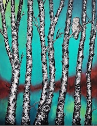 a painting of an owl in a birch tree