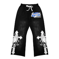 a pair of black sweatpants with a cross on them
