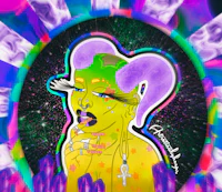 a colorful painting of a woman with purple hair and green eyes