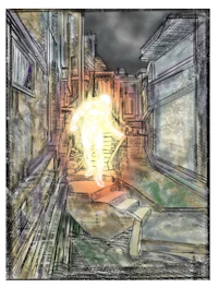 a drawing of a man walking down a street