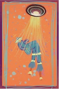 a painting of a woman with a flying saucer over her head