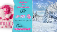 a snowy scene with a pink beanie and the words christmas sale 50 - - - - - -