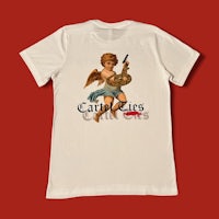 a white t - shirt with an image of a cherub holding a gun