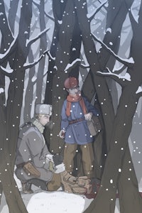 two men sitting in the snow in a wooded area