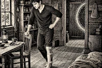 a black and white drawing of a man standing in a room