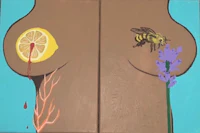 a painting of a woman with a bee and lemon