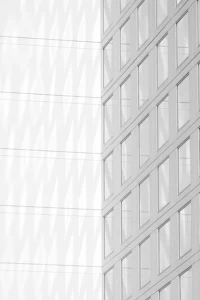 a black and white photo of a building with windows