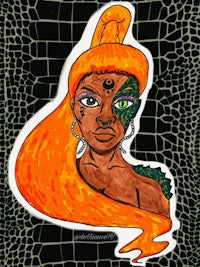 an illustration of a woman with orange hair and green eyes